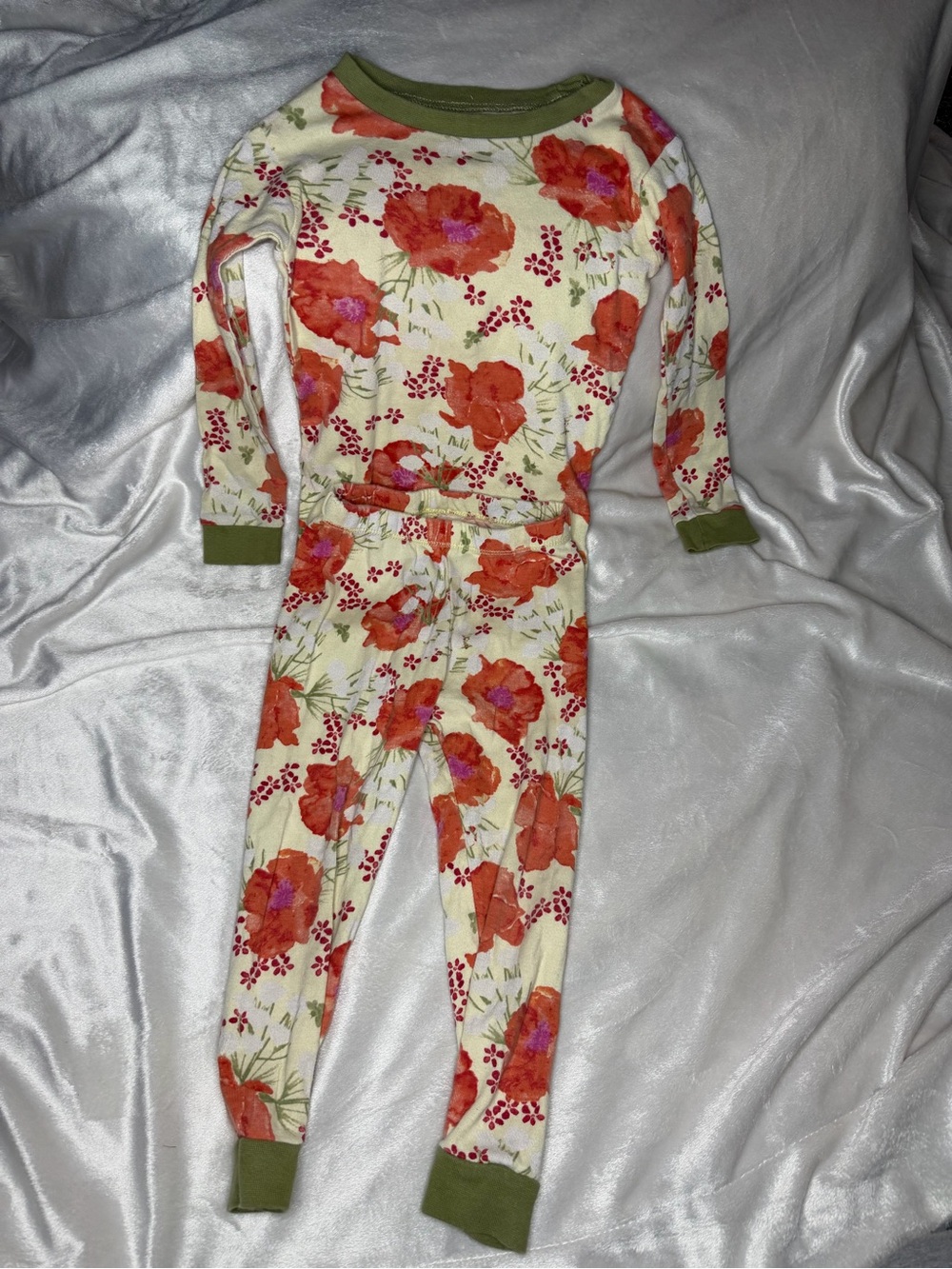 Girls Burts Bees 3t Floral Pajama Set in Cream and Red with Olive Trim